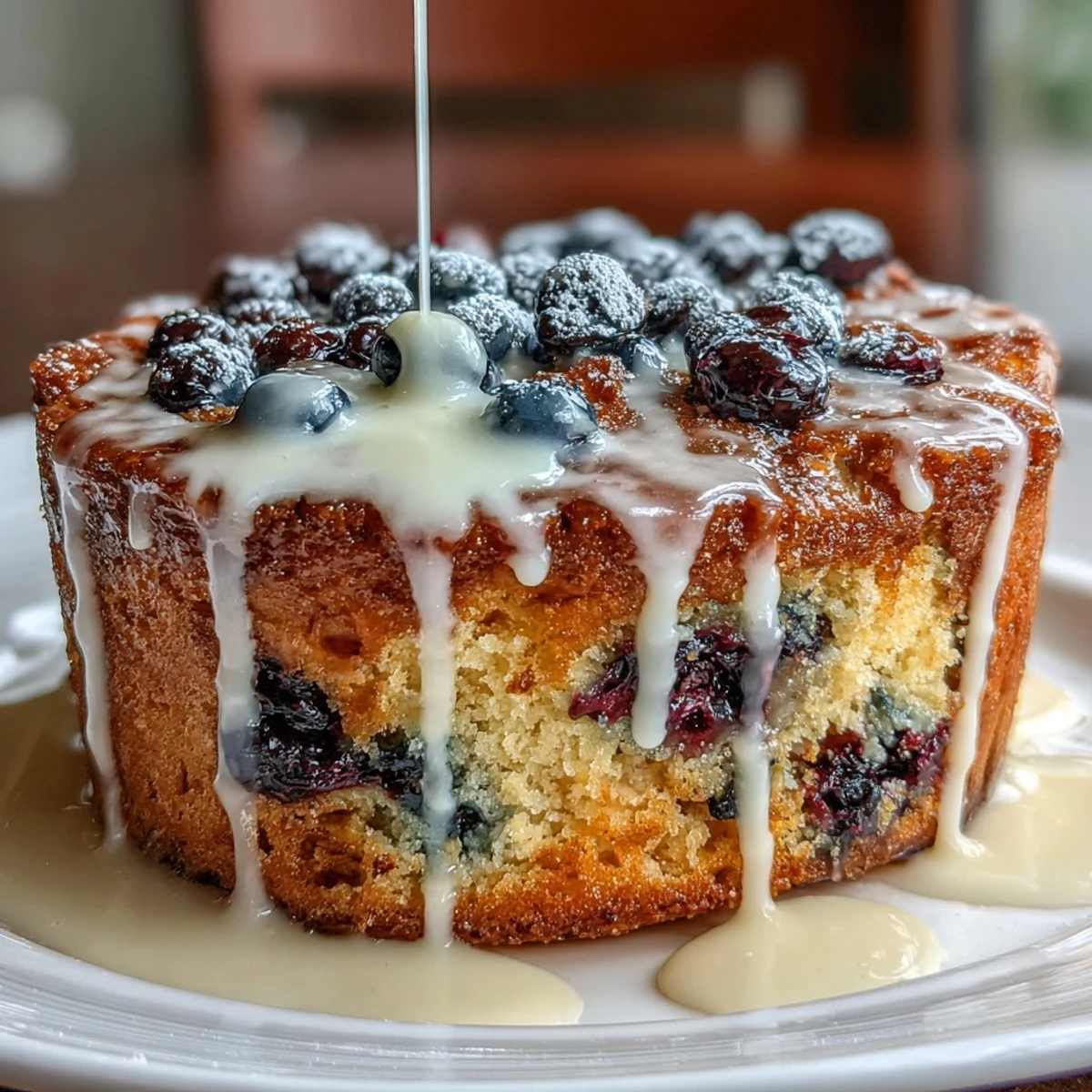Moist and tender blueberry lemon sourdough skillet cake with a golden crust and fresh berries throughout.