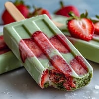 Vibrant strawberry matcha latte popsicles with creamy layers of fresh berries and earthy green tea, perfect for a refreshing spring treat.