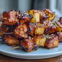 Golden air fryer chicken pineapple bites with juicy chicken and caramelized pineapple, perfect for a quick and flavorful appetizer.