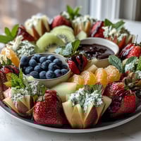 Baby in Bloom Fruit Platter with Yogurt Dip: A colorful spring fruit arrangement in a flower design, served with creamy honey-yogurt dip for baby showers.