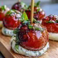 Bridal Shower Caprese Skewers with cherry tomatoes, mozzarella, and basil, drizzled with balsamic glaze and olive oil.