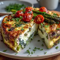 Vibrant spring veggie frittata with asparagus and goat cheese, golden and fluffy, baked to perfection in a cast-iron skillet.