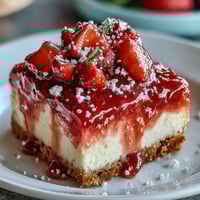 Tangy strawberry lemonade bars with a golden shortbread crust, dusted with powdered sugar for a sweet spring dessert.