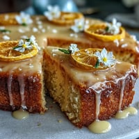 A vibrant lemon drizzle cake topped with tangy glaze and edible flowers for a festive Mothers Day treat.