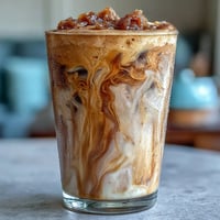 Iced brown sugar oat milk shaken espresso with frothy espresso and creamy oat milk in a tall glass, garnished with a sprinkle of cinnamon.