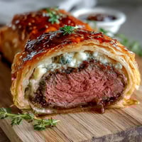 Individual Beef Wellington with golden puff pastry, tender seared filet, and rich mushroom duxelles filling.