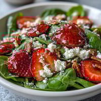 Fresh strawberry spinach salad with creamy goat cheese and toasted pecans, drizzled with tangy balsamic dressing.  