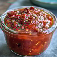 Fiery red chili peppers and garlic ferment in brine for a week, creating a tangy, complex hot sauce.  