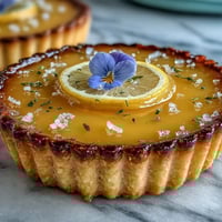 Bright lemon curd tart with edible flowers, perfect spring dessert for gatherings.  