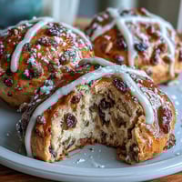 Soft, golden hot cross buns with a sweet glaze and traditional cross, filled with plump raisins and warm spices. Perfect for Easter morning.