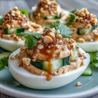 Thai Peanut Deviled Eggs with Cucumber Relish: Creamy deviled eggs infused with spicy peanut sauce, topped with a fresh cucumber relish for a vibrant appetizer.