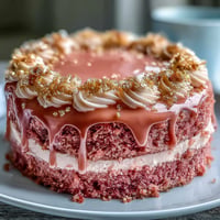 Elegant pink velvet cake infused with rosé wine, topped with cream cheese frosting and shimmering gold drip for bridal shower celebrations.