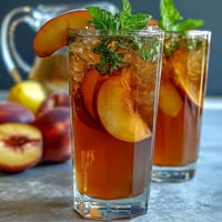 Iced peach green tea lemonade served over ice with fresh peach slices and mint leaves for a vibrant summer drink.