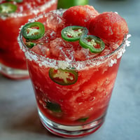 A vibrant Cinco de Mayo Watermelon Jalapeño Margarita Mocktail served in a salt-rimmed glass with fresh lime and watermelon garnish.