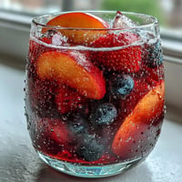 Vibrant summer sangria mocktail overflowing with juicy peaches and berries.