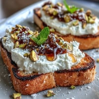 Whipped ricotta toast with honey and pistachios, a creamy, crunchy breakfast delight.