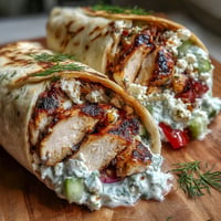 Golden Tzatziki Chicken Wraps overflowing with fresh vegetables and feta cheese.
