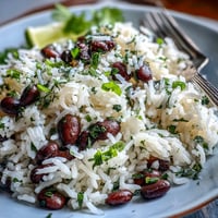 Close-up of easy Coconut Lime Rice with black beans and cilantro.