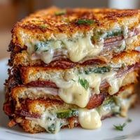 Golden brown Cuban Sandwich Grilled Cheese oozing melted Swiss cheese between bread.
