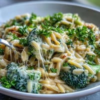 Creamy, cheesy Broccoli Cheddar Orzo dish with vibrant green florets steaming.