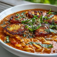 Creamy Tomato Soup Orzo crowned with savory grilled cheese croutons.