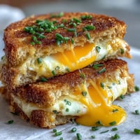 Golden Breakfast Grilled Cheese with a runny egg and melted cheddar.