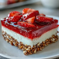 Close-up of Strawberry Pretzel Jello Salad with creamy layers and vibrant fruit.