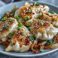 Hot Honey Cabbage Dumpling Skillet: Golden dumplings atop caramelized cabbage with sweet-spicy drizzle.