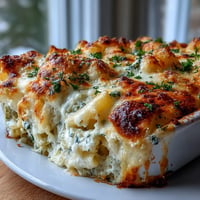 Golden-brown Cabbage Alfredo Pasta Bake with bubbling cheese, a satisfying comfort meal.