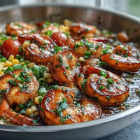 Succulent Garlic Butter Shrimp and Corn Skillet, bright with vegetables and fragrant garlic.