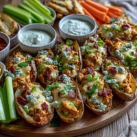 Crispy Buffalo Chicken Potato Skins Board piled high with melty cheese and vibrant toppings.